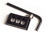 Arca-Swiss compatible 0.8 x 1.5 inch camera plate with three mounting slots and no ridge.