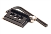 Arca-Swiss compatible 0.8 x 1.5 inch camera plate with three mounting slots and anti-twist ridge.
