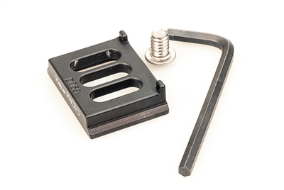 Arca-Swiss camera plate for Fuji X-Pro3 with three slots and anti-twist tabs.