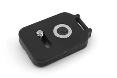 Universal Arca-Swiss compatible camera plate with integrated stainless steel QD socket and captive screw slot.
