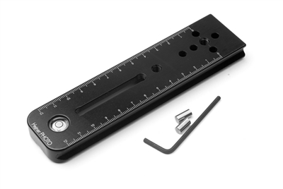 6.00 x 1/2 inch Hejnar Photo Arca-Swiss compatible nodal slide rail base with built-in bubble level and captive adjustment slot. Captive screw not included.