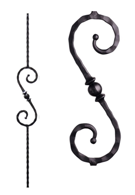 Single Knob Scroll Hammered Iron Baluster (LC 2.9.27) Satin Clear