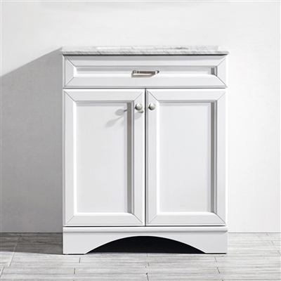 Vinnova Naples 30-inch Vanity in White with Carrara White Marble Countertop without Mirror