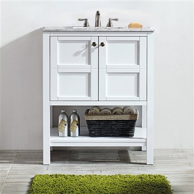 Vinnova Florence 30-inch Vanity in White with Carrara White Marble Countertop Without Mirror