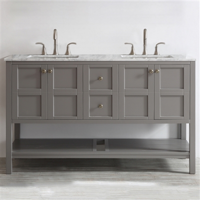 Vinnova Florence 60-inch Double Vanity in Grey with Carrara White Marble Countertop Without Mirror