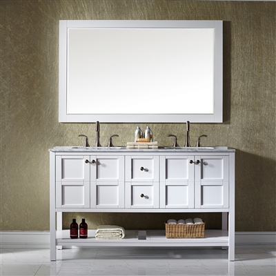 Vinnova Florence 60" Vanity in White with Carrara White Marble Countertop With Mirror