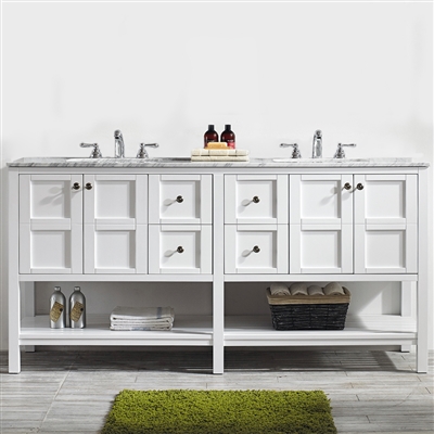 Vinnova Florence 72-inch Vanity in White with Carrara White Marble Countertop Without Mirror