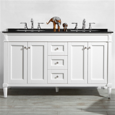 Vinnova Catania 60-inch Double Vanity in White with Black Galaxy Granite Countertop Without Mirror