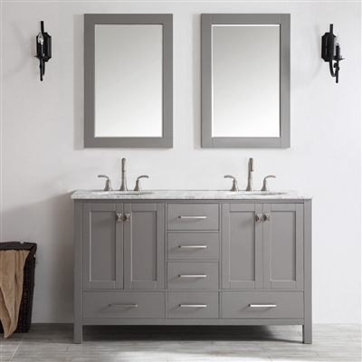 Vinnova Gela 60-inch Double Vanity in Grey with Carrara White Marble Countertop With Mirror