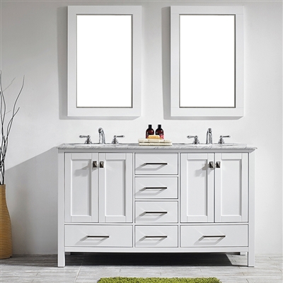 Vinnova Gela 60-inch Double Vanity in White with Carrara White Marble Countertop With Mirror