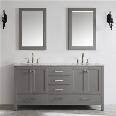 Vinnova Gela 72-inch Double Vanity in Grey with Carrara White Marble Countertop With Mirror