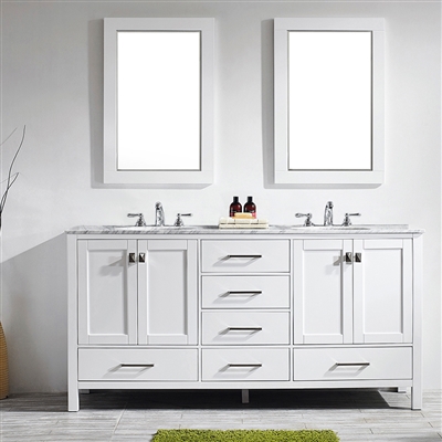 Vinnova Gela 72-inch Double Vanity in White with Carrara White Marble Countertop With Mirror