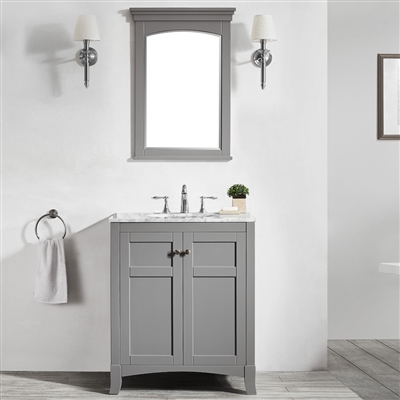 Vinnova Arezzo 30-inch Single Vanity in Grey with Carrara White Marble Top With Mirror