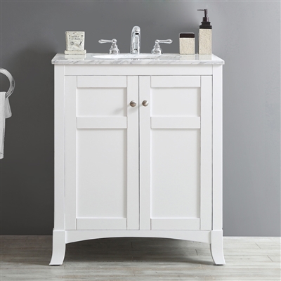 Vinnova Arezzo 30-inch Single Vanity in White with Carrara White Marble Top Without Mirror