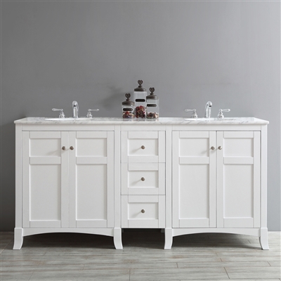 Vinnova Arezzo 72-inch Double Vanity in White with Carrara White Marble Top Without Mirror