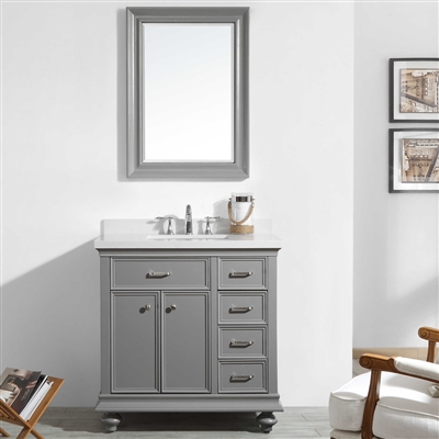 Vinnova Charlotte 36-inch Vanity in Grey with Carrara Quartz Stone Top With Mirror