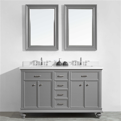 Vinnova Charlotte 60-inch Double Vanity in Grey with Carrara Quartz Stone Top With Mirror