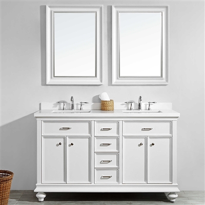 Vinnova Charlotte 60-inch Double Vanity in White with Carrara Quartz Stone Top With Mirror