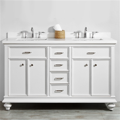 Vinnova Charlotte 60-inch Double Vanity in White with Carrara Quartz Stone Top Without Mirror