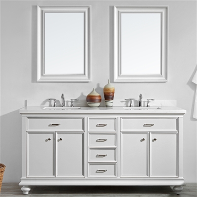 Vinnova Charlotte 72-inch Double Vanity in White with Carrara Quartz Stone Top With Mirror