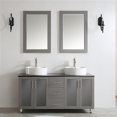 Vinnova Tuscany 60-inch Double Vanity in Grey with White Vessel Sink with Glass Countertop With Mirror