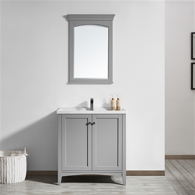 Vinnova Asti 30-inch Vanity in Grey with White Ceramic Countertop With Mirror