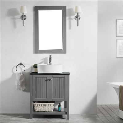 Vinnova Modena 28-inch Vanity in Grey with Glass Countertop with White Vessel Sink With Mirror