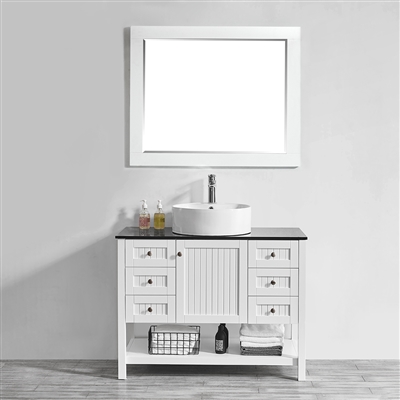 Vinnova Modena 42-inch Vanity in White with Glass Countertop with White Vessel Sink With Mirror