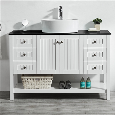 Vinnova Modena 48-inch Vanity in White with Glass Countertop with White Vessel Sink Without Mirror