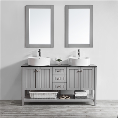 Vinnova Modena 60-inch Double Vanity in Grey with Glass Countertop with White Vessel Sink With Mirror