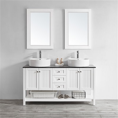 Vinnova Modena 60-inch Double Vanity in White with Glass Countertop with White Vessel Sink With Mirror