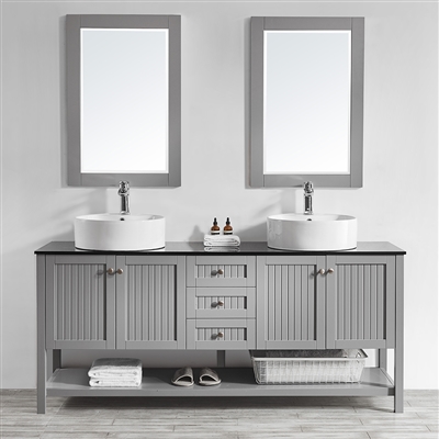 Vinnova Modena 72-inch Double Vanity in Grey with Glass Countertop with White Vessel Sink With Mirror