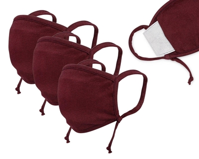 Washable 3-Layer Jersey Cotton Face Covering with Filter Pocket and ADJUSTABLE Earloop (Pack of 3), "ONE-SIZE-FITS-ALL" - BURGUNDY