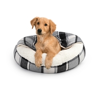 Sherry Kline Paw and Claws Black / White Plaid and Natural Sherpa Small Round with attached hoodie blanket, Dog Bed