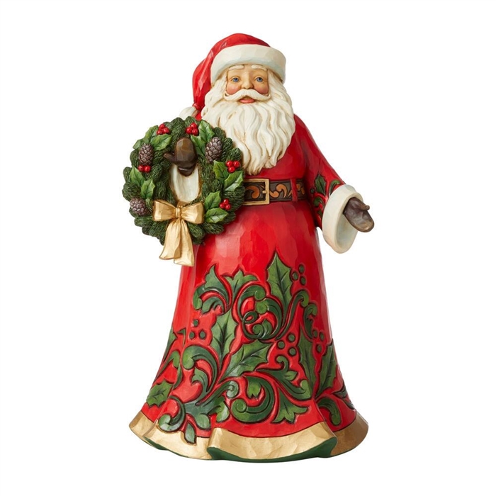 Jim Shore Heartwood Creek | Festive Feline Surprises  - Santa Holding Holly Wreath  | 6008881 | DBC Collectibles