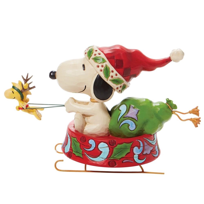 Jim Shore Peanuts | Dashing through the Holidays - Santa Snoopy in Dog Bowl Sled 6008956 | DBC Collectibles