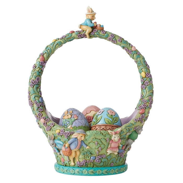 Jim Shore |  On the Hunt for Easter Surprises -Bunnies Egg Hunt Easter Basket 6010591 | DBC Collectibles
