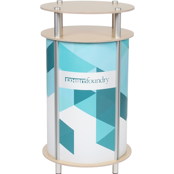 Circle Counter is a functional reception counter with elongated circle table top perfect for presentations or displaying your product at trade shows.