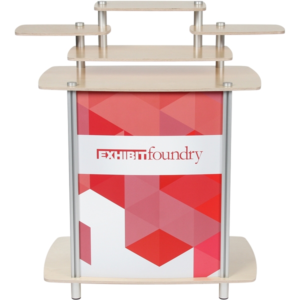 Multi-Tier Counter is a functional reception counter with elongated circle table top perfect for presentations or displaying your product at trade shows.