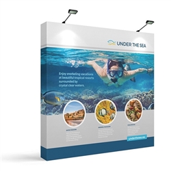 8ft x 8ft Makitso OneFabric Straight Display  - Single Sided with EndCaps, CA900 Counter with Printed Wrap.  Choose this easy, impactful and affordable display to stand out from your competition at your next trade show.