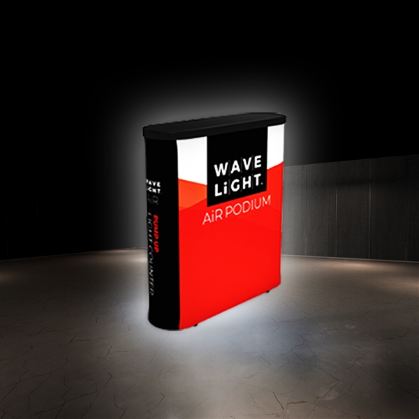 The WaveLightï¿½ Air Podium Double Sided is an eye-catching combination of backlit inflatable displays backed by a lightweight tension fabric display wall.