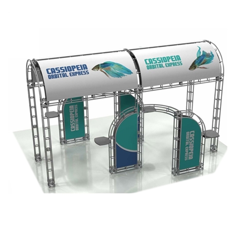 20ft x 20ft Island Cassiopeia Orbital Express Truss Display with Fabric Graphic is the next generation in trade show exhibits. Cassiopeia Orbital Express Truss Kit is a premium trade show display is designed to be used in a 20ft x 20ft exhibit space