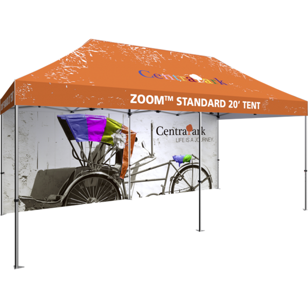 Outdoor 20ft x 10ft  Zoom Tents offer heavy duty commercial-grade popup frames designed for professional use. Canopies can customized with full color printing to display your company branding. Showcase your business name with our outdoor event tent