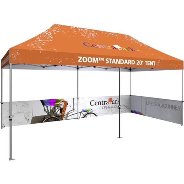 Outdoor 20ft x 10ft  Zoom Tents offer heavy duty commercial-grade popup frames designed for professional use. Canopies can customized with full color printing to display your company branding. Showcase your business name with our outdoor event tent