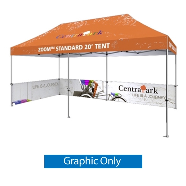 Outdoor 20ft x 10ft  Zoom Tents offer heavy duty commercial-grade popup frames designed for professional use. Canopies can customized with full color printing to display your company branding. Showcase your business name with our outdoor event tent