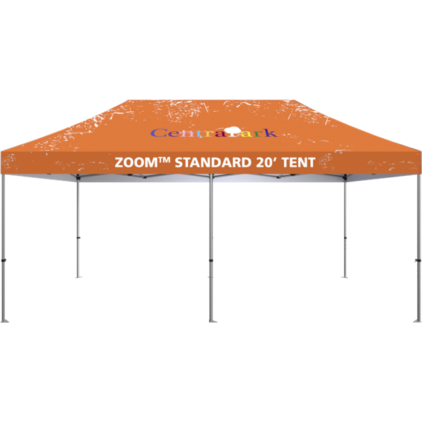 Outdoor 20ft x 10ft  Zoom Tents offer heavy duty commercial-grade popup frames designed for professional use. Canopies can customized with full color printing to display your company branding. Showcase your business name with our outdoor event tent