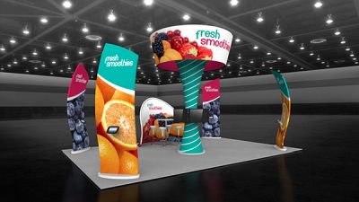 Custom trade show exhibit structures, like design # 102300V2 stand out on the convention floor. Draw eyes to your trade show booth with exciting custom exhibits & displays. We can customize any trade show exhibit or display to your specifications.