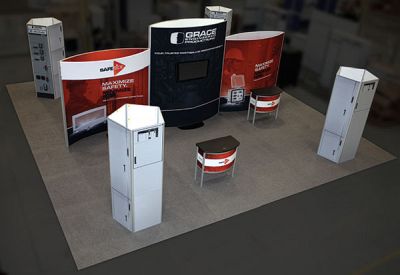 Custom trade show exhibit structures, like design # 105697V3 stand out on the convention floor. Draw eyes to your trade show booth with exciting custom exhibits & displays. We can customize any trade show exhibit or display to your specifications.