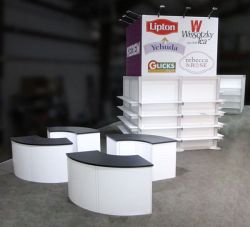 Custom trade show exhibit structures, like design # 325338 stand out on the convention floor. Draw eyes to your trade show booth with exciting custom exhibits & displays. We can customize any trade show exhibit or display to your specifications.