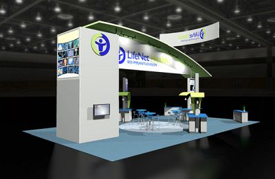 Custom trade show exhibit structures, like design # 51195 stand out on the convention floor. Draw eyes to your trade show booth with exciting custom exhibits & displays. We can customize any trade show exhibit or display to your specifications.